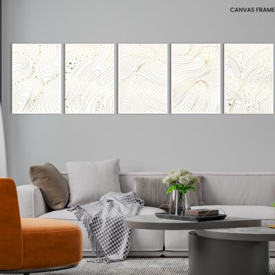 Five Sets Shiny Gold line art on White background. Beautiful hand drawn and golden wave texture .for wallpaper, banner, prints, covers, wall art, home decor, card, Fabric