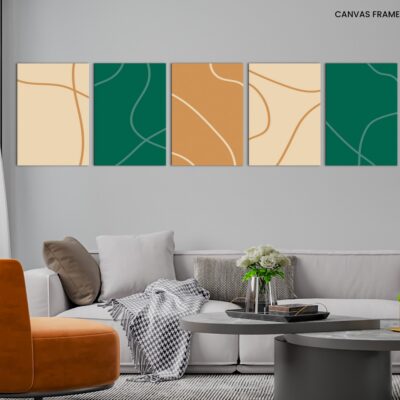 Hand drawn set of five stories templates with abstract line art shapes in cream, beige,green and brown. Trendy minimalist style flyer, card, social media, post design
