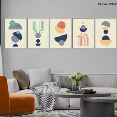 Simple collection - five minimalistic wall banners in minimalism style with grunge texture. Set of abstract posters with boho arches and simple shapes in retro vintage colors