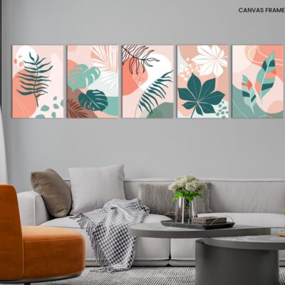 Set of exotic tropical leaves, plants against a background of simple shapes and lines.Modern minimalistic abstract