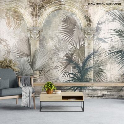 Drawn tropical, exotic plants and leaves among the columns. Floral background for mural, wallpaper, photo wallpaper, postcard, card