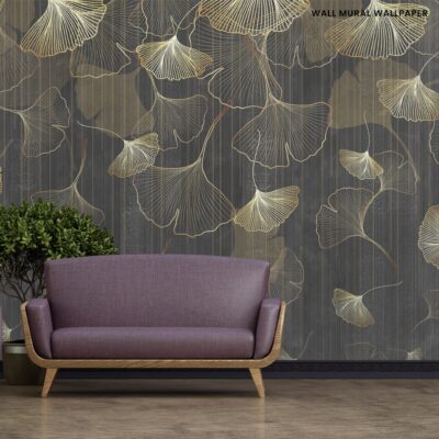 Vintage illustration with falling ginkgo leaves on black grunge background. Design for wallpaper, photo wallpaper, fresco, post card