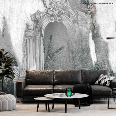shabby wall with texture elements on which paths with columns are depicted photo wallpaper in dark colors