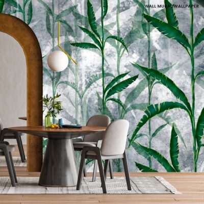 tropical leaves in the form of vines on a textured background, in green-gray tones, photo wallpaper