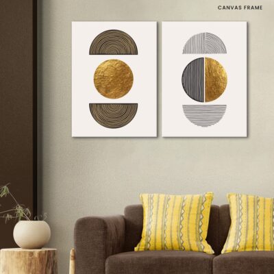 Modern Minimalist Harmony Abstract Composition in Beige, Grey, White, and Black with a Golden Rainbow
