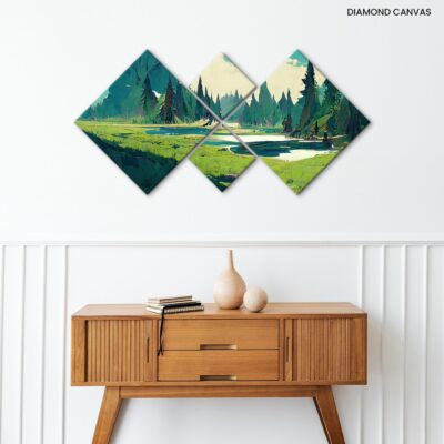 Vibrant Wilderness Digital Art of a Serene Lake in a Bright Outdoor Landscape