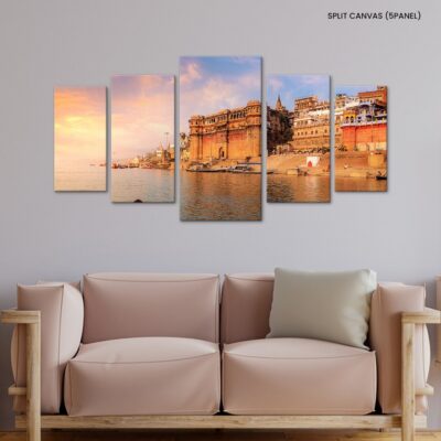 Ganges Glow Varanasi's Ancient Cityscape Aglow at Sunset, Viewed from the River