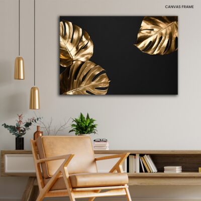 Gilded Jungle Creatively Arranged Shiny Golden Monstera Leaves on Black