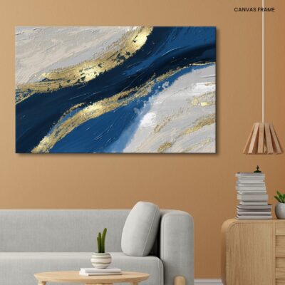 Vibrant Horizons Modern Abstract Oil Painting in Gold_ and Blue