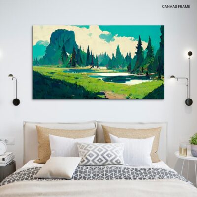 Vibrant Wilderness Digital Art of a Serene Lake in a Bright Outdoor Landscape